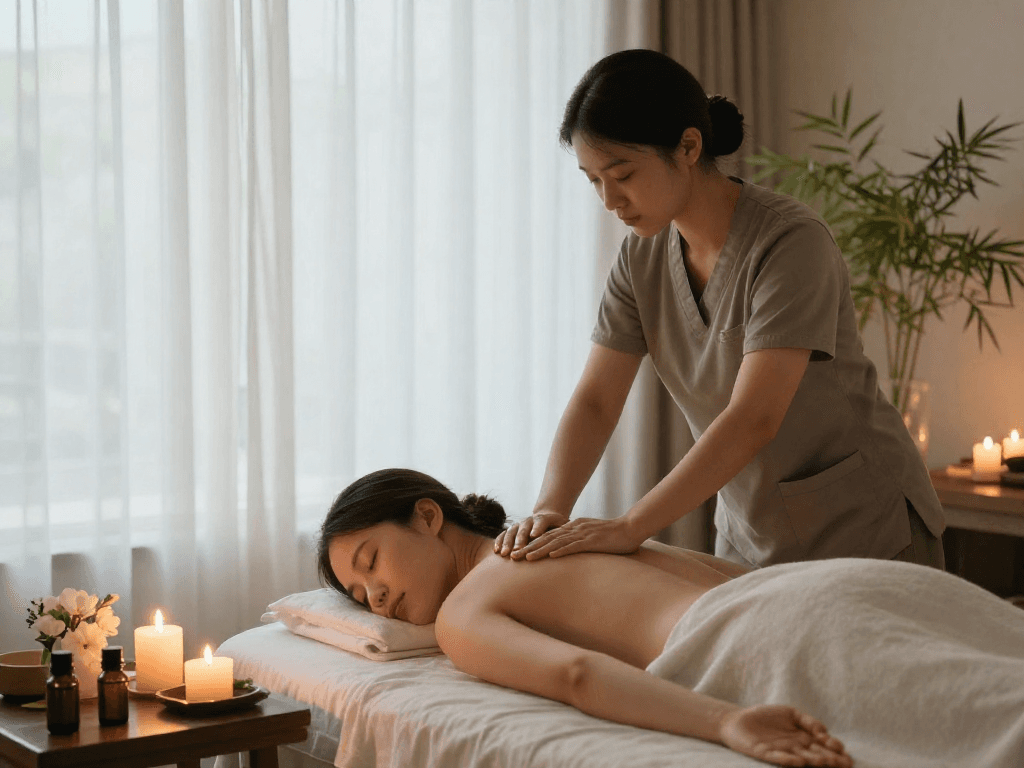 강남마사지의 편안한 스파 공간에서 마사지 중인 여성 테라피스트와 고객의 모습