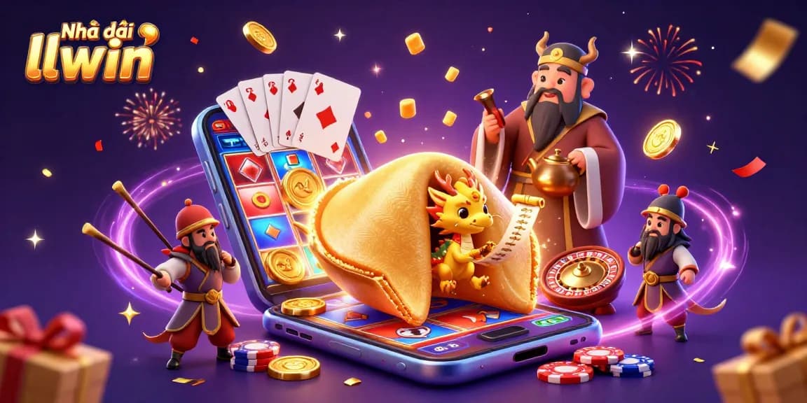 Engage in thrilling gameplay at Nhà cái llwin with dynamic slots and vibrant casino elements featuring a 3D fortune cookie scene.