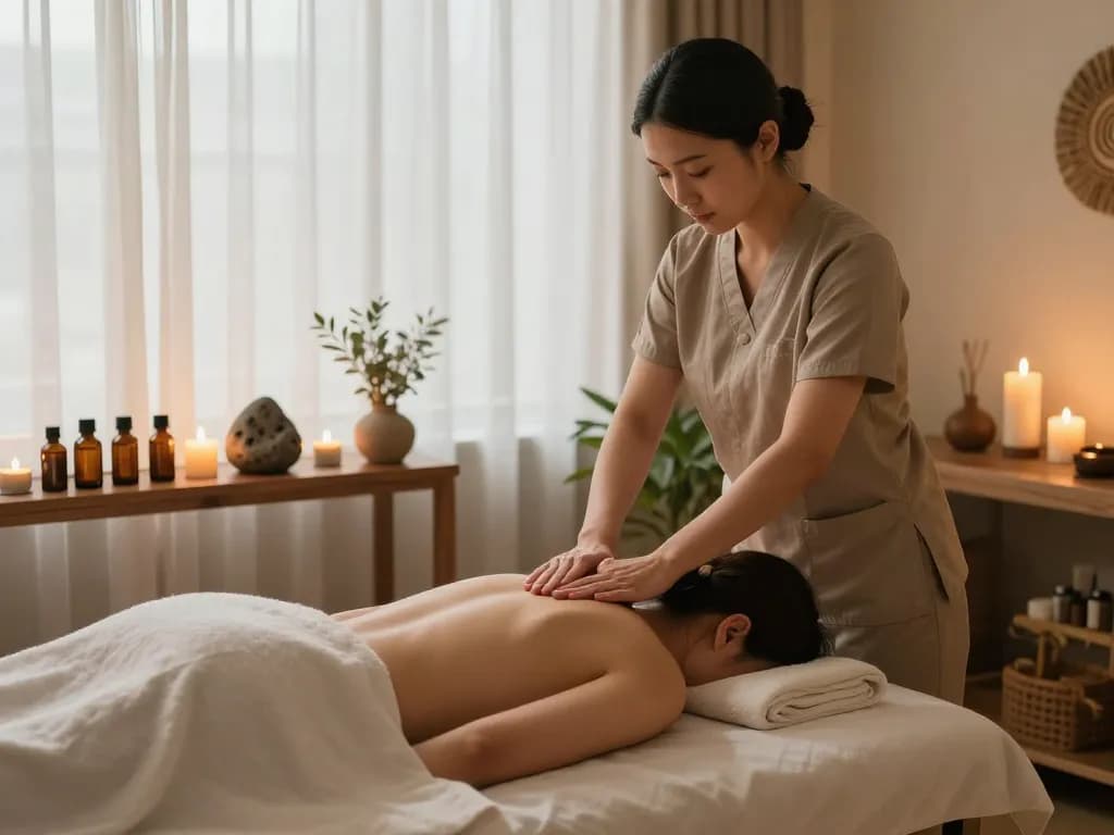 Spa Ad showcasing a relaxing treatment room with a client receiving a massage and soothing ambiance