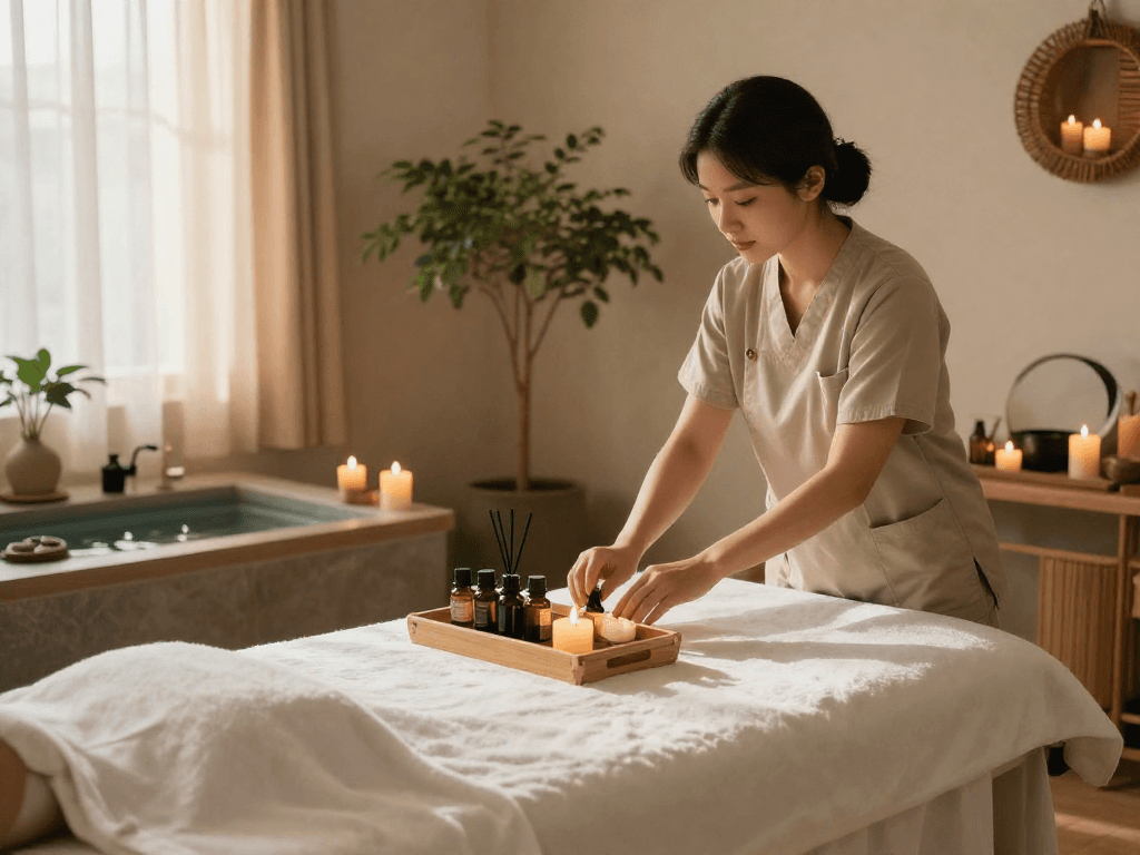 Relaxing 남양주출장안마 session in a serene spa setting with soothing lights and aromatherapy.