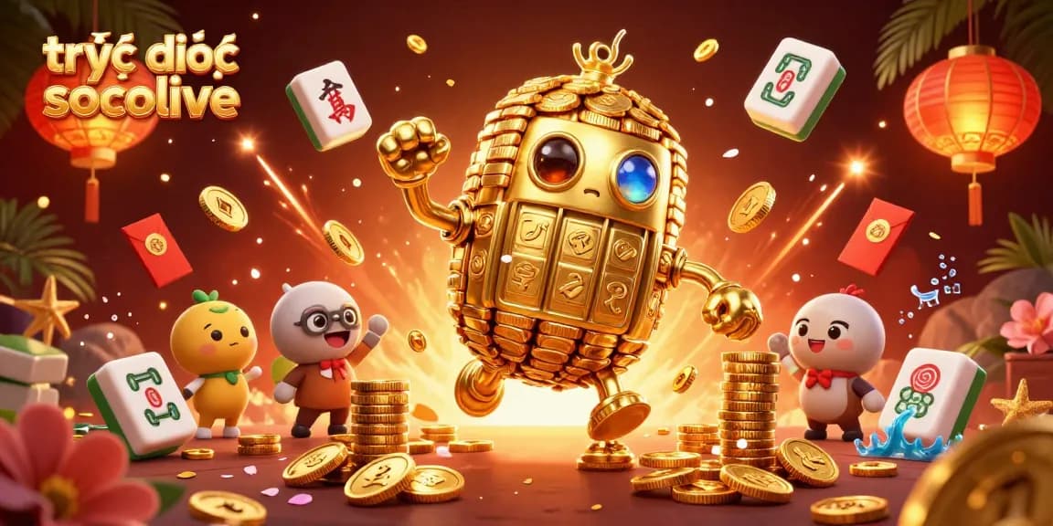Experience thrilling trực tiếp socolive with a vibrant golden golem and festive gambling elements.