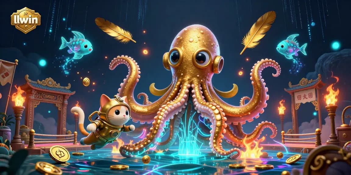 Engage with llwin and revel in a vibrant 3D gambling scene featuring a kraken and vintage diving cat.