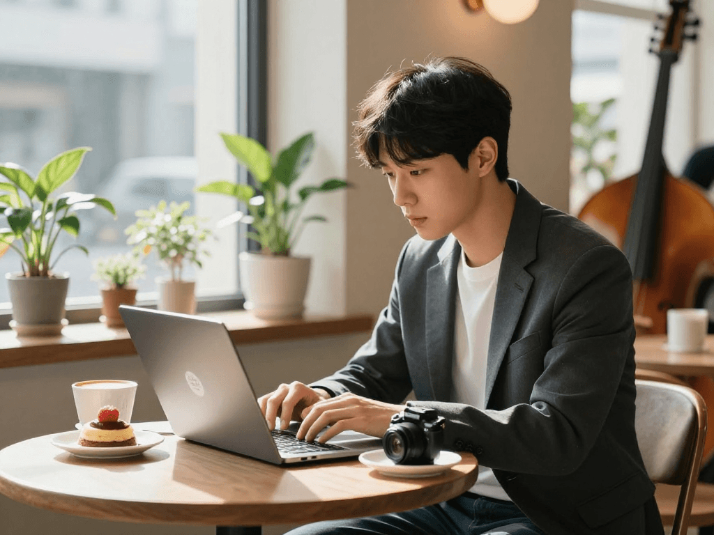 강남토닥이에 대한 블로그 포스팅을 작성하는 편안한 카페 풍경