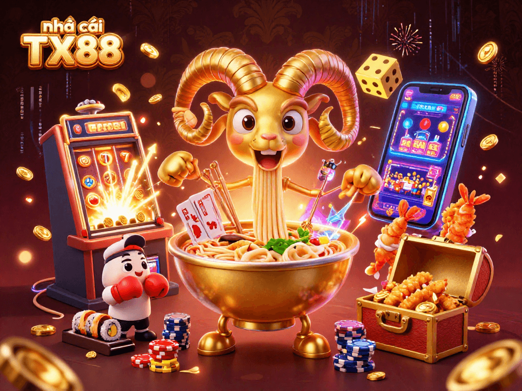 Engage in thrilling gameplay with nhà cái TX88 as characters deal cards and spin slots in an exciting casino scene.