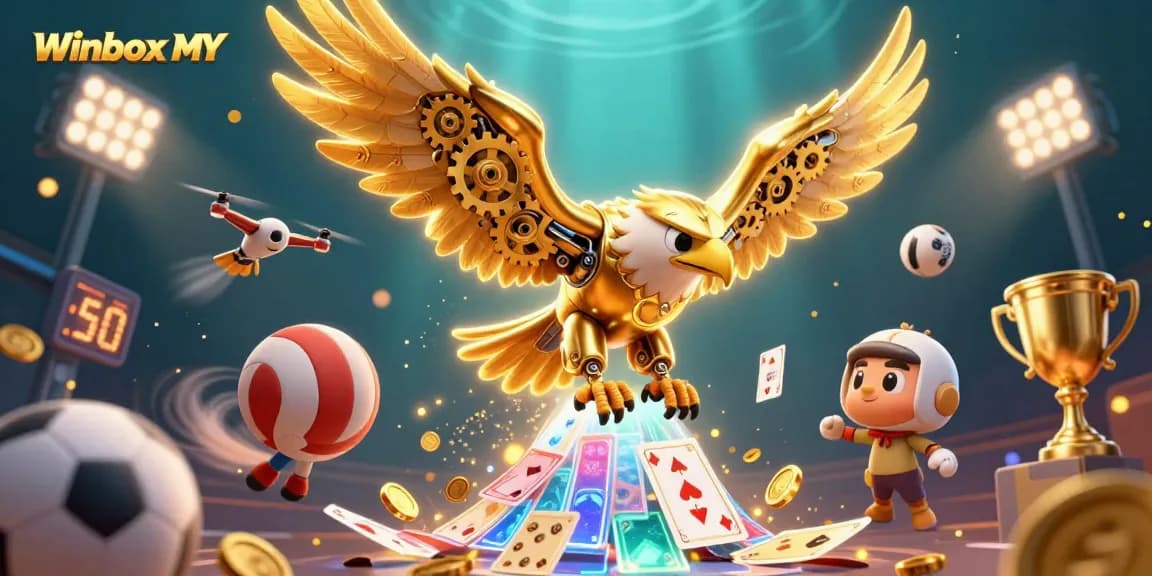 Winbox MY players enjoy thrilling gaming adventures illustrated with a cybernetic eagle and vibrant casino elements