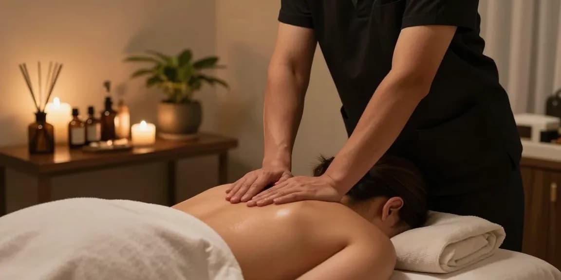 마사지 중인 아늑한 스웨디시 마사지 스튜디오 장면