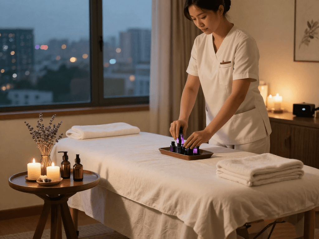 Luxury hotel room prepared for 출장안마 with a professional therapist and soothing atmosphere.