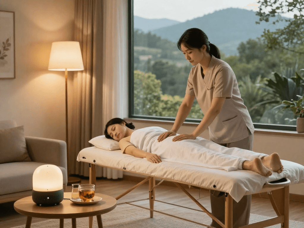 출장마사지 in a cozy living room with soothing ambiance and massage therapist.