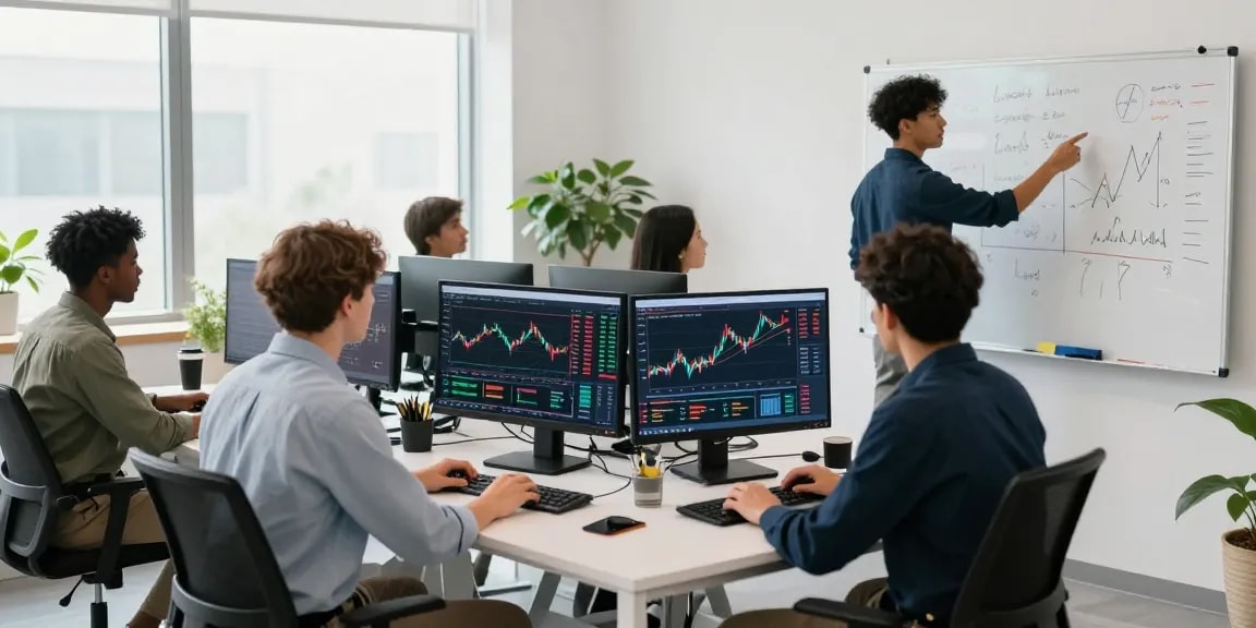 업투익스체인지 team collaborating on cryptocurrency trading strategies in a modern office.