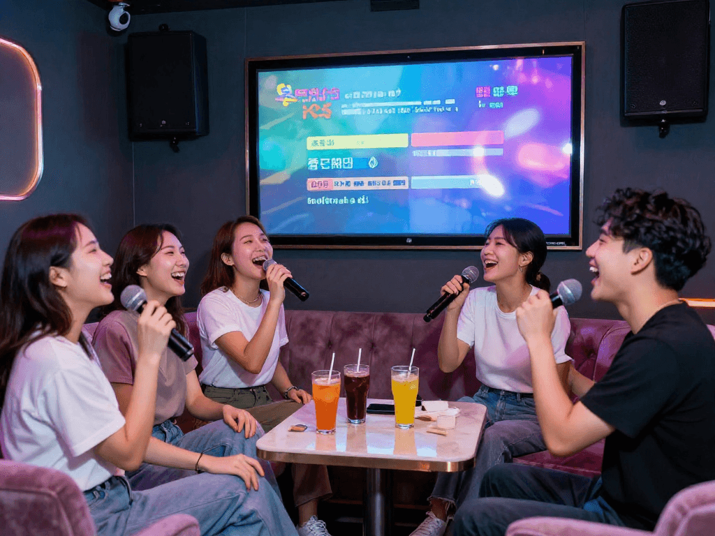 강남가라오케에서 친구들이 함께 노래를 부르며 즐거운 시간을 보내고 있는 모습입니다.
