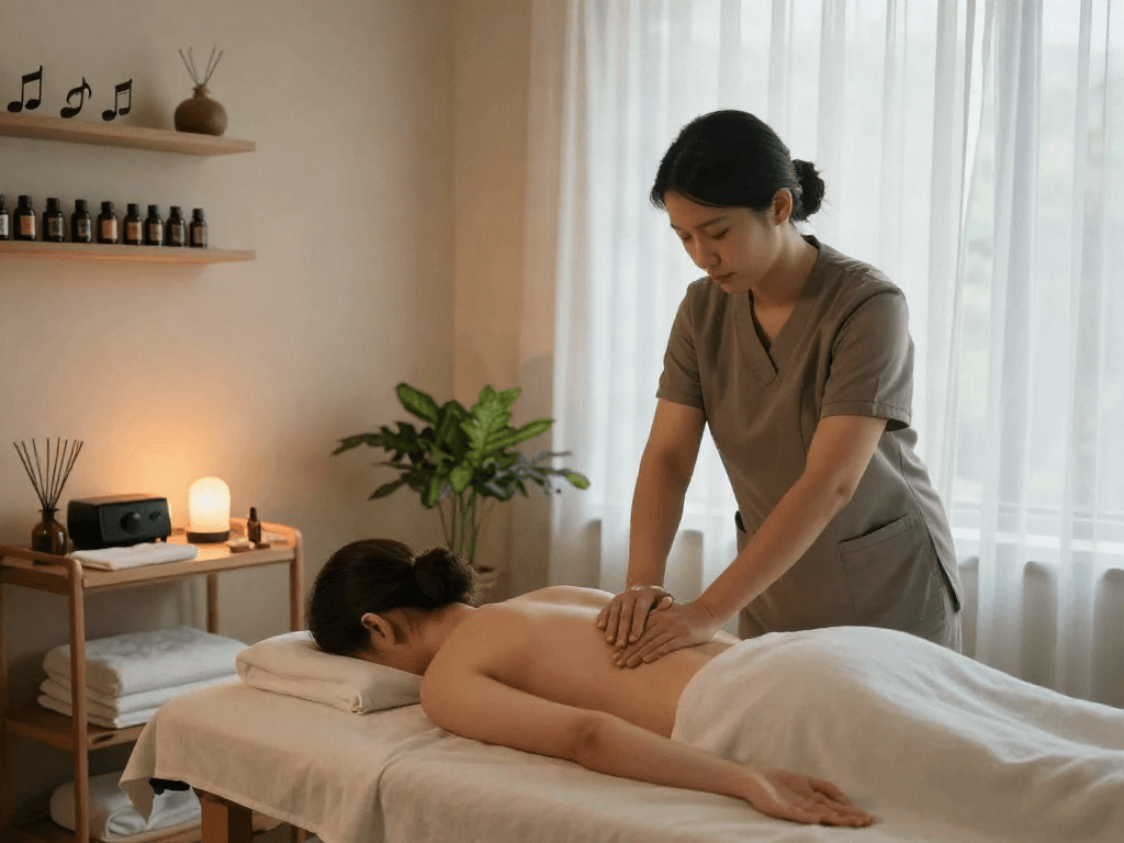 일산출장마사지 session in a tranquil therapy room with soothing ambiance and professional therapist.