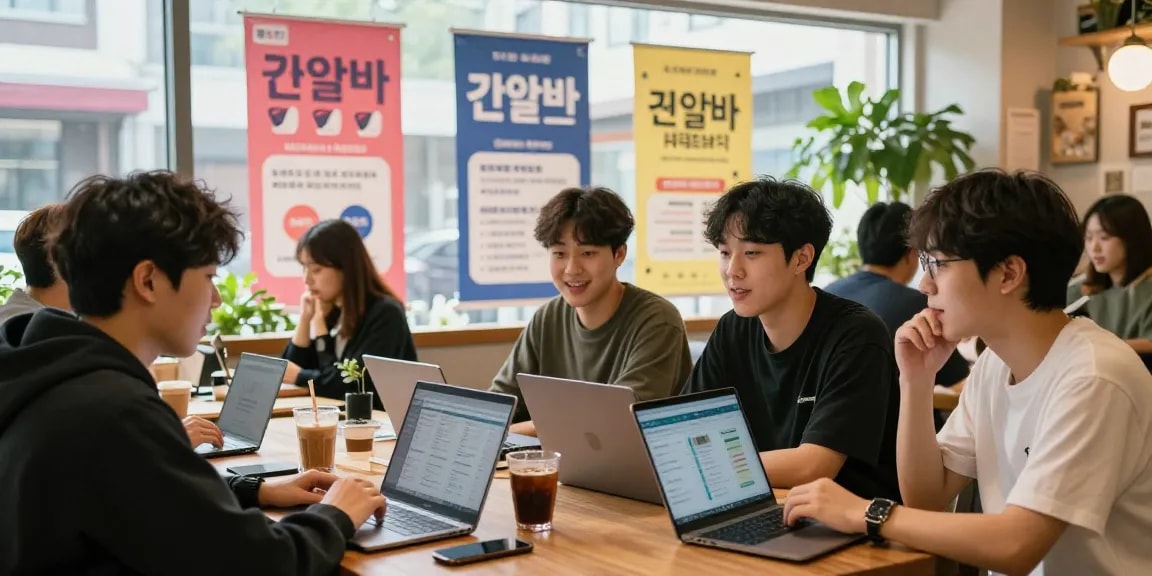 퀸알바 정보를 공유하며 대화하는 젊은이들, 강남 카페에서의 활기찬 커뮤니티 모습