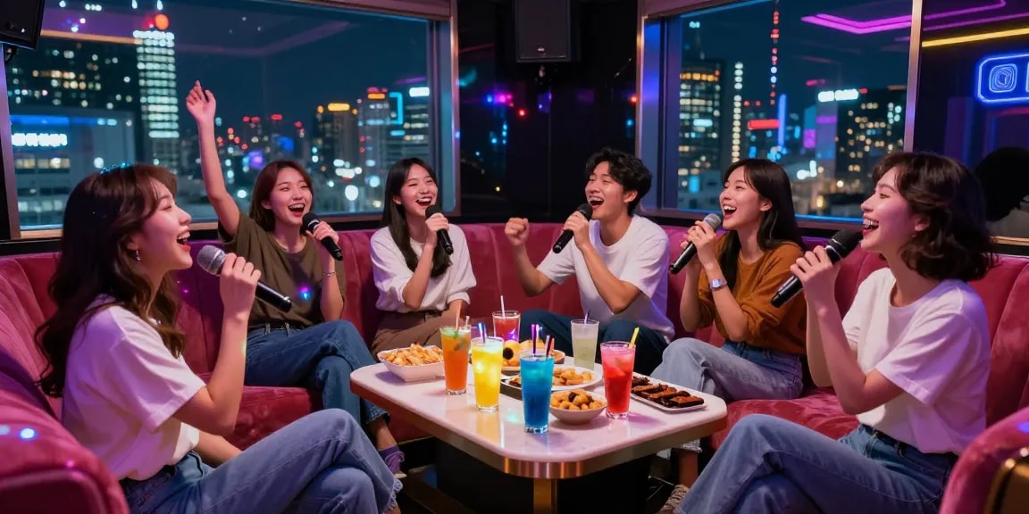 강남가라오케에서 친구들과 함께 즐거운 노래를 부르는 모습