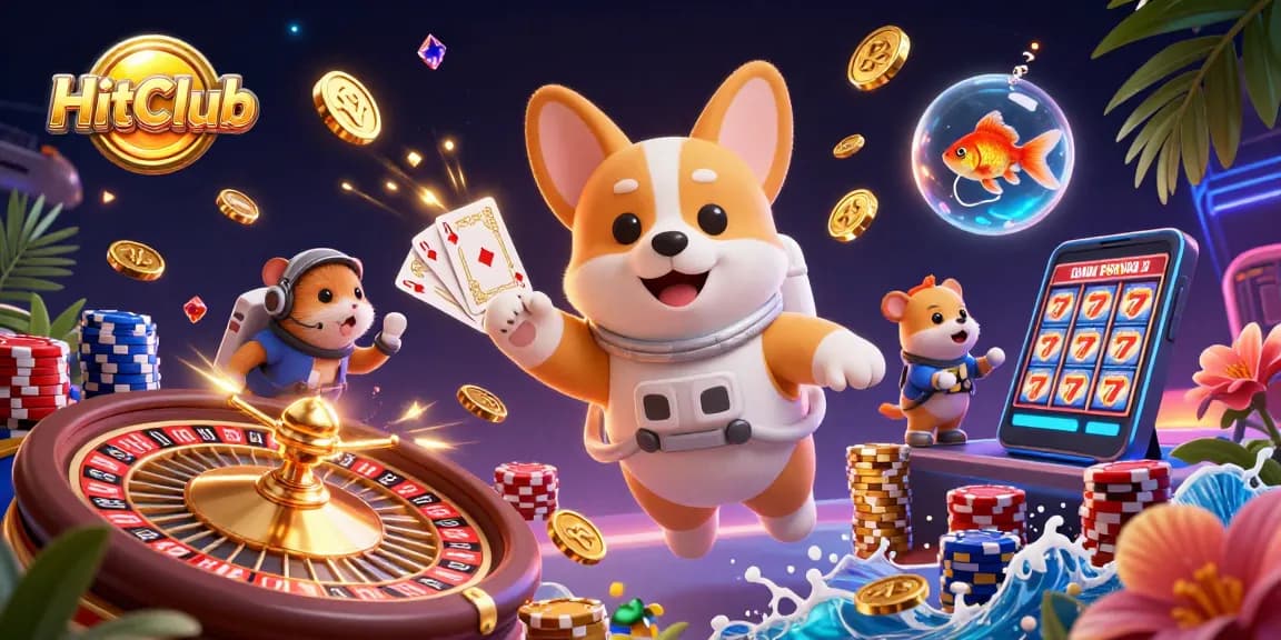 Experience excitement at HitClub with a vibrant 3D casino scene featuring floating coins and animated characters.