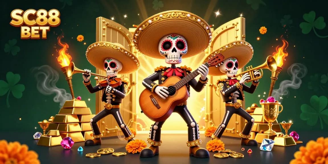 Win big at SC88 BET with a vibrant Day of the Dead-themed online casino scene filled with treasure.