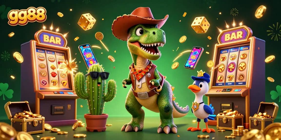 Experience the thrill of winning at gg88 with a vibrant 3D casino scene featuring a T-Rex and more.