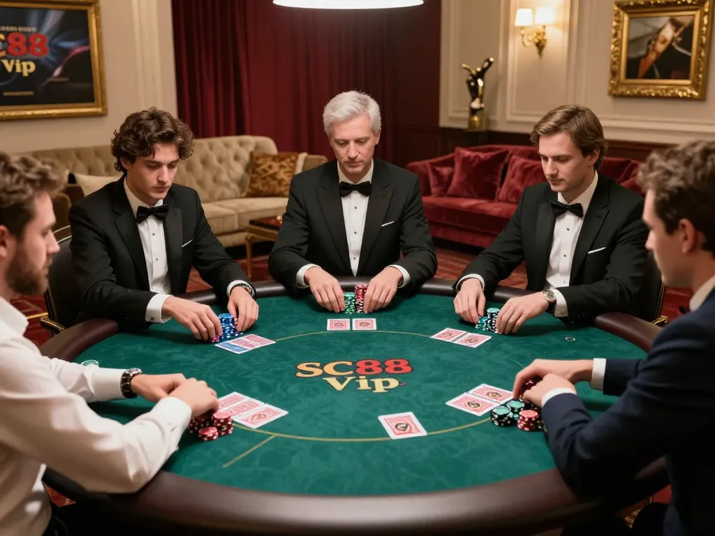 SC88 Vip poker players strategizing their bets in a luxurious private gaming room