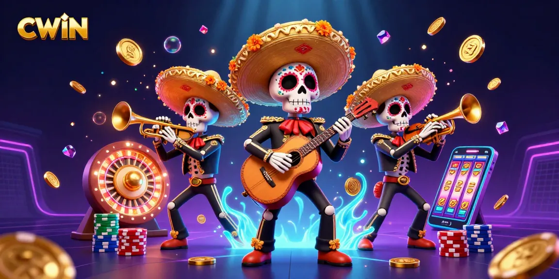 CWIN delivers an exhilarating atmosphere with a vibrant mariachi band amidst cascading coins and sparkling gems in a casino setting.
