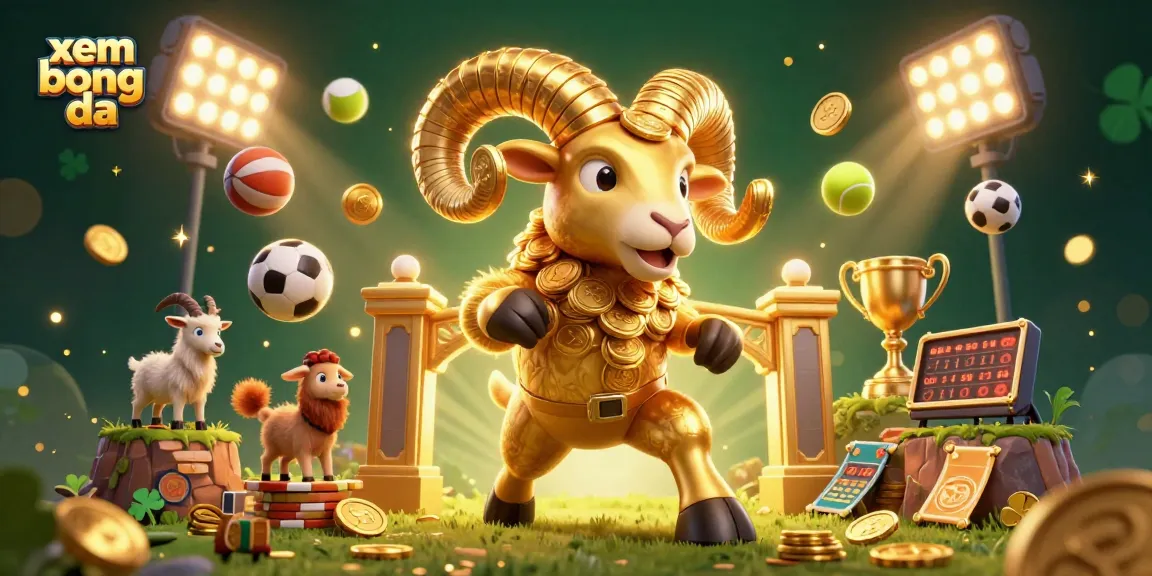 Xem bong da with dynamic sports elements and golden ram in charged pose, creating an exciting gambling scene.