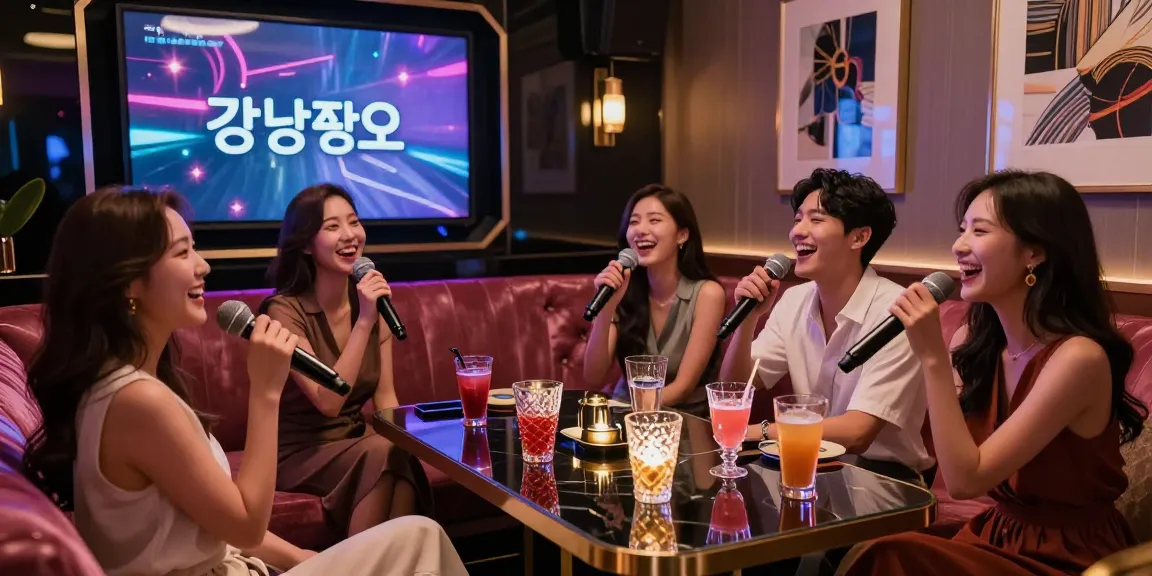 강남쩜오에서 친구들과 신나는 karaoke를 즐기는 장면, 고급스러운 분위기와 즐거움이 가득합니다.