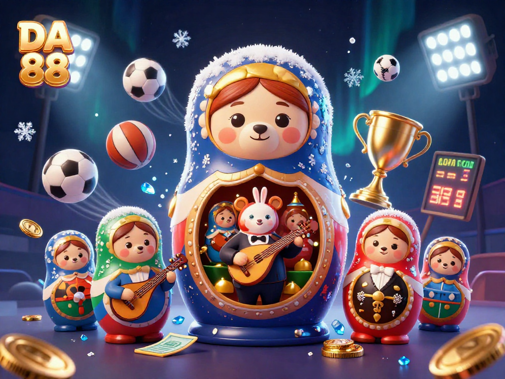 Experience DA 88 excitement with a vibrant 3D illustration of casino-themed characters in action.