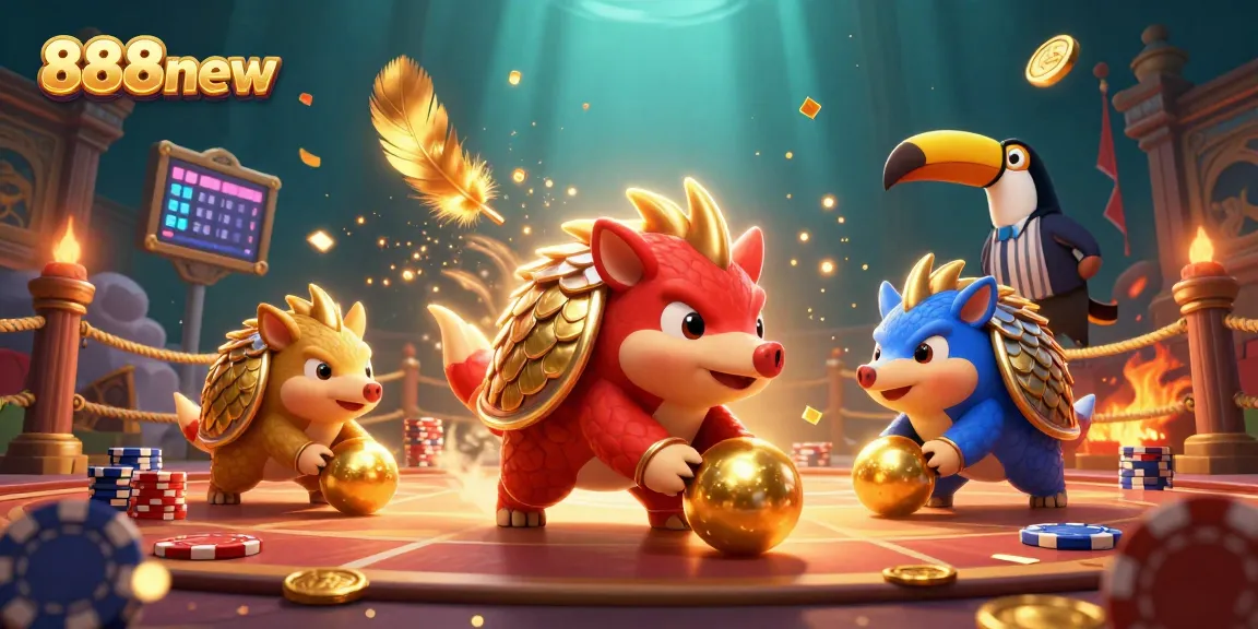 Experience the thrilling action of 888new with rival pangolins bowling through chips in a dynamic casino scene.