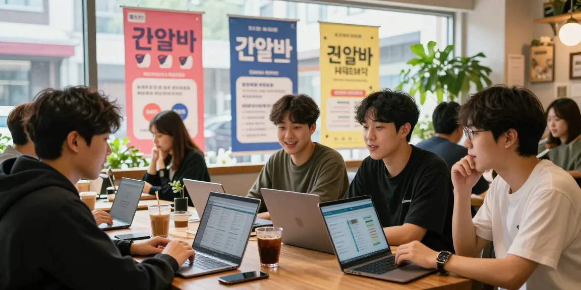 퀸알바 정보를 공유하며 대화하는 젊은이들, 강남 카페에서의 활기찬 커뮤니티 모습