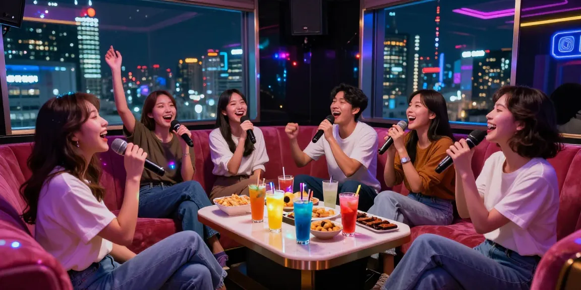 강남가라오케에서 친구들과 함께 즐거운 노래를 부르는 모습