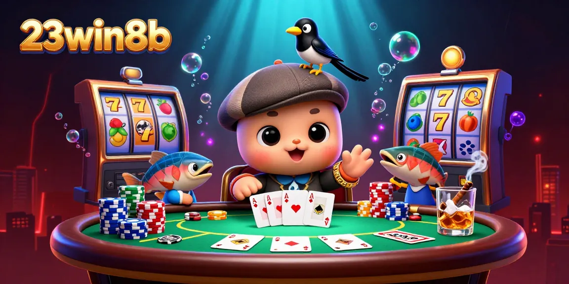 Engage with 23win8b's vibrant casino illustration featuring cartoon Nessie and playful salmon among poker elements.
