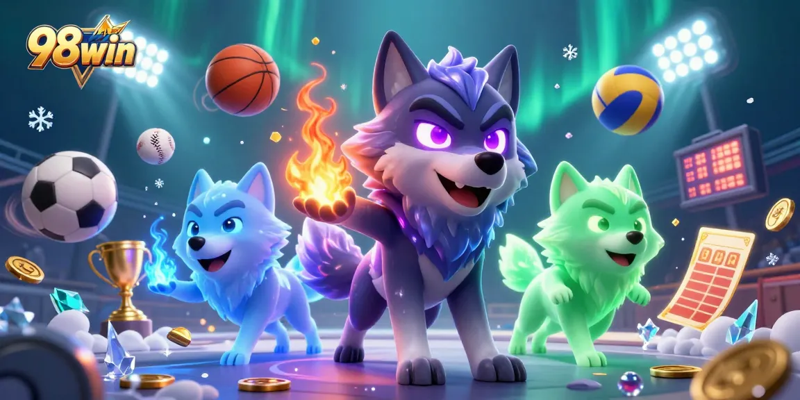 Win big with 98win at this vibrant casino illustration featuring dynamic sports betting elements.