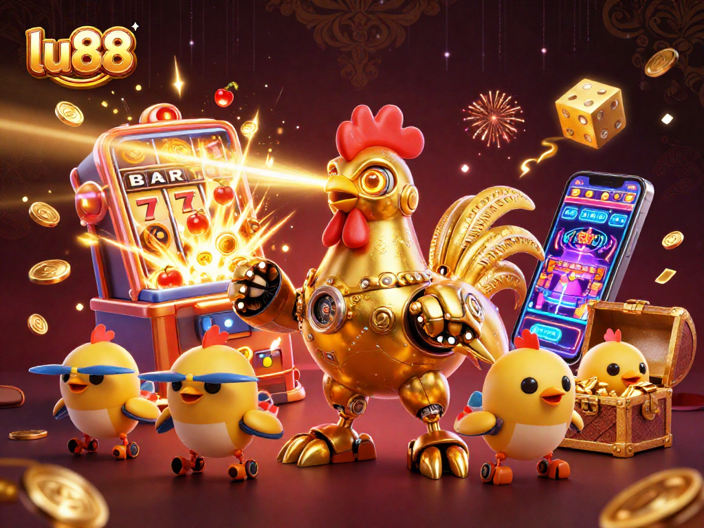 Engage with lu88's vibrant casino world featuring a golden rooster robot amidst a jackpot explosion.