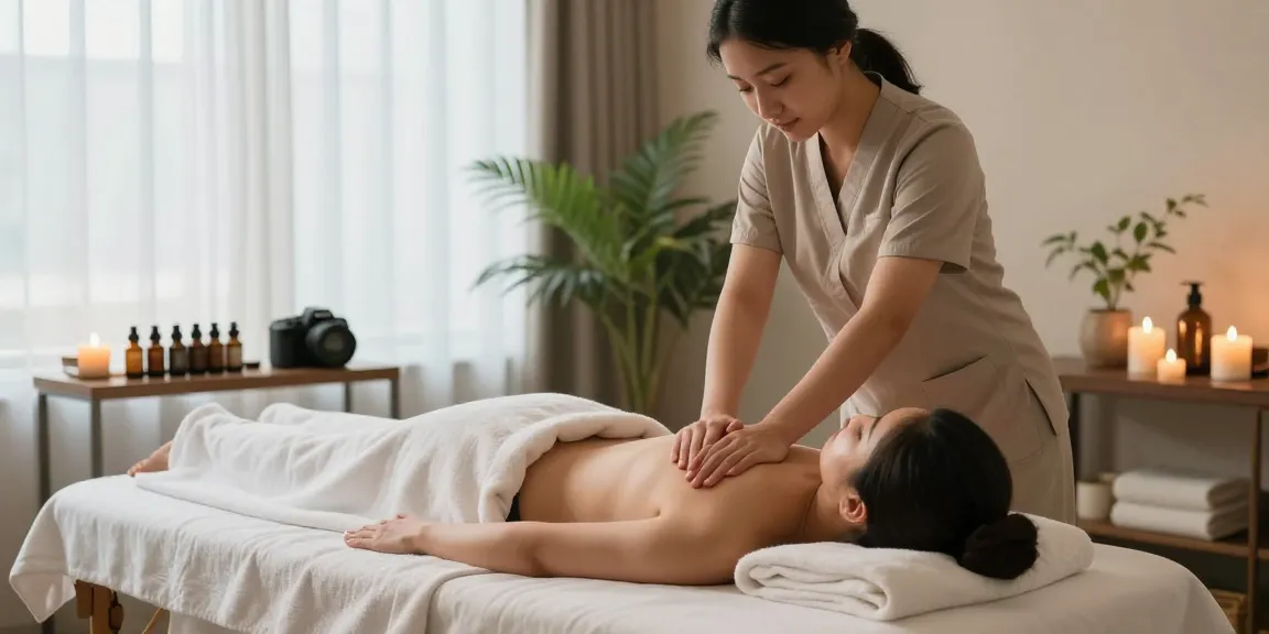 스웨디시 마사지 중인 모습과 편안한 분위기의 마사지 룸