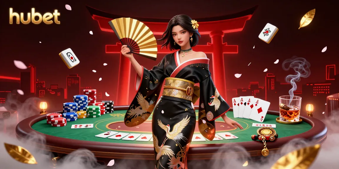 Engage in thrilling gaming experiences with hubet, featuring an elegant Asian woman with a golden folding fan amidst a vibrant casino atmosphere.