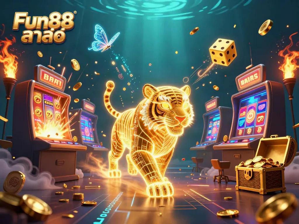 Experience Fun88 ล่าสุด with a vibrant golden tiger at a digital casino, featuring exciting slots and rewards.