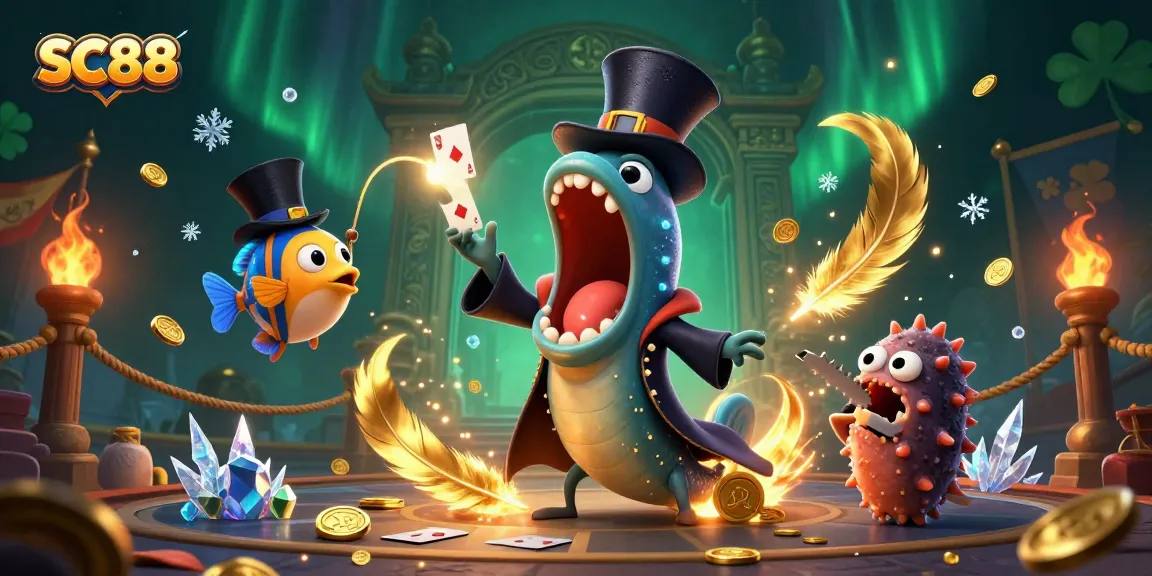 Engaging SC88 scene with a gulper eel magician, anglerfish spotlight, and sea cucumber performance.