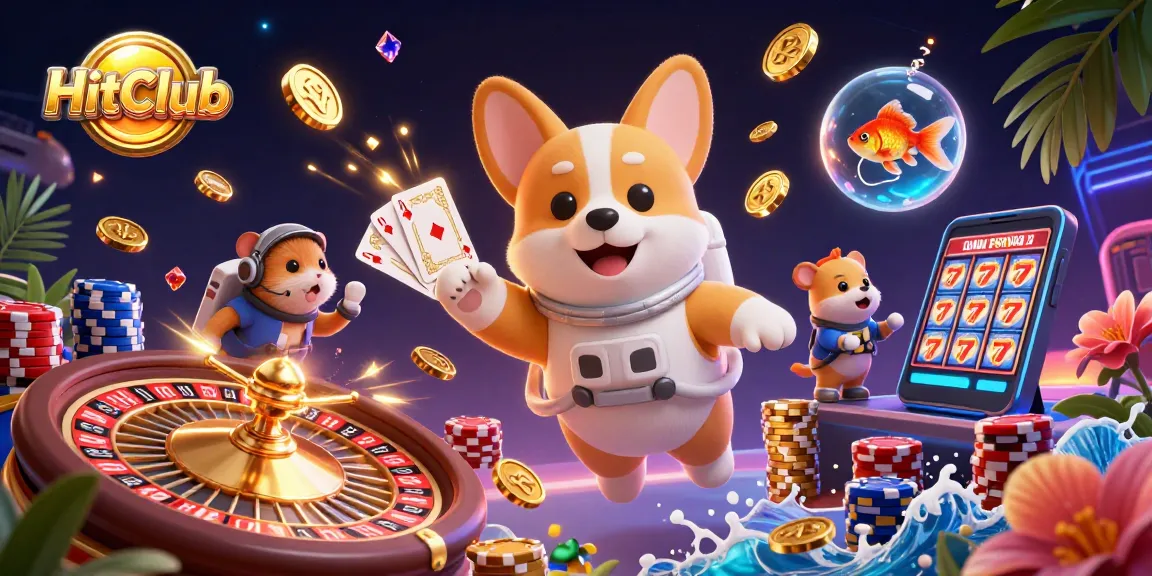 Experience excitement at HitClub with a vibrant 3D casino scene featuring floating coins and animated characters.