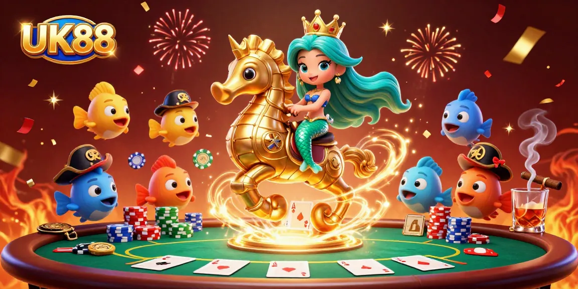 Engage with UK88's vibrant gaming world, featuring a mermaid princess, seahorse, and poker elements.