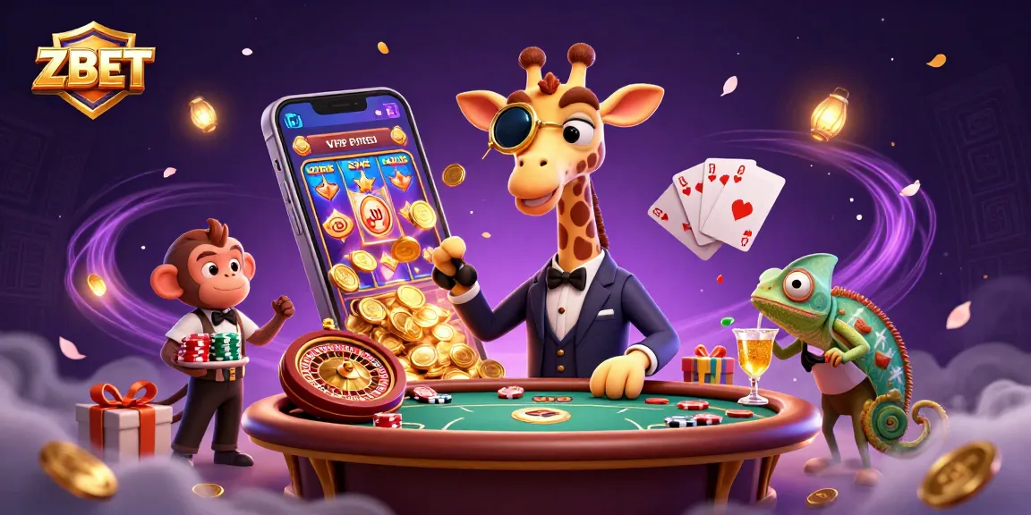 ZBET offers a vibrant casino scene showcasing a high-roller giraffe, monkey valet, and chameleon bartender amidst dynamic gaming elements.