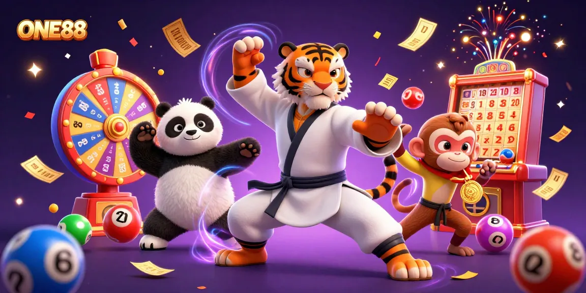 Engage with ONE88's exciting lottery scene featuring a kung fu tiger and playful characters