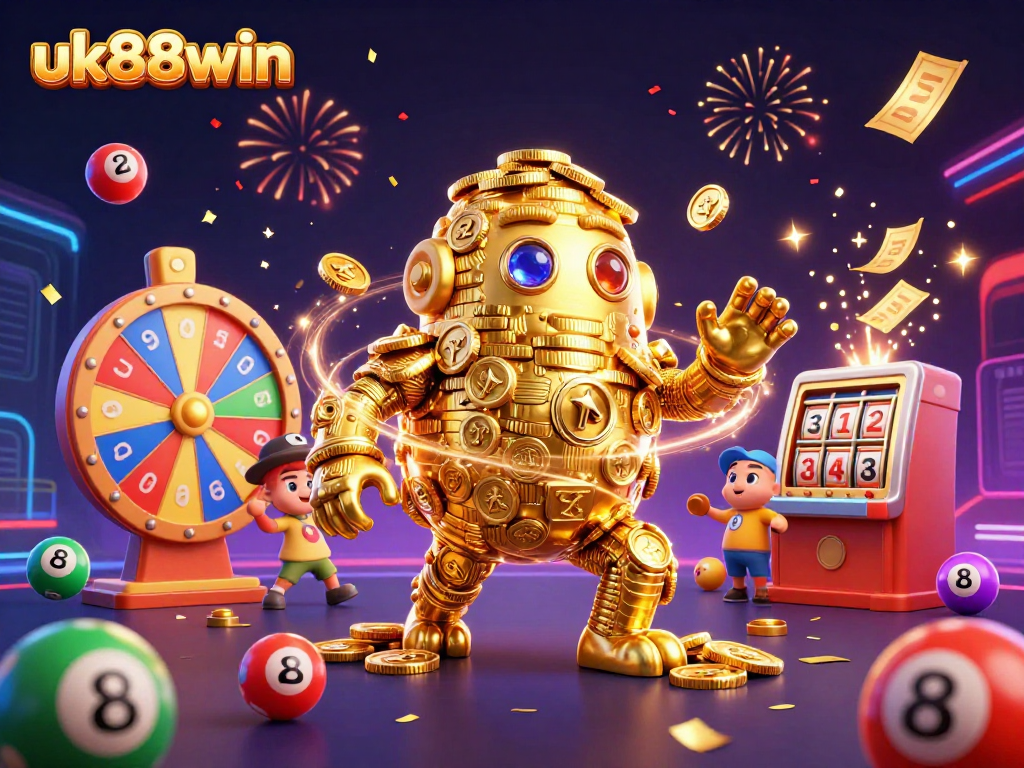 Experience thrilling wins at uk88win with a vibrant 3D scene featuring dynamic casino elements.