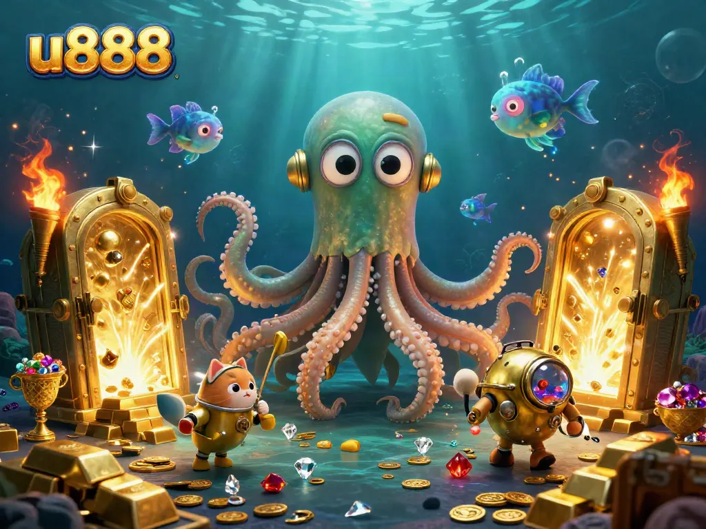 Experience thrilling wins at u888 with golden treasures below the ocean's surface in this dynamic scene.