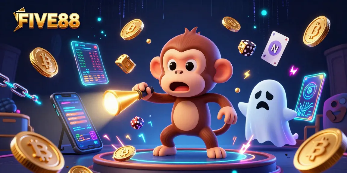 Experience the excitement of FIVE88 with vibrant 3D illustrations of a poltergeist monkey and crypto-themed casino action.