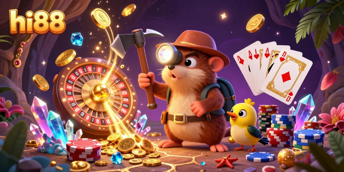 Engage with the exciting world of hi88 casino, showcasing the treasure hunter mole with dynamic game elements around.