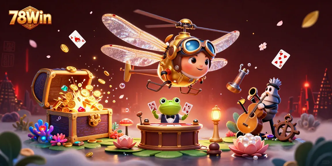 Experience thrilling gaming at 78Win with a dynamic 3D illustration of a dragonfly pilot and frog croupier.