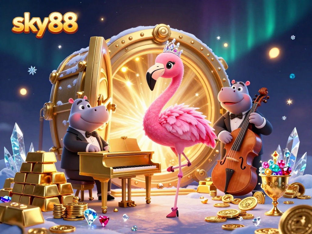 Experience sky88's vibrant gaming atmosphere with a lively lounge singer, hippo bassist, and treasure galore.