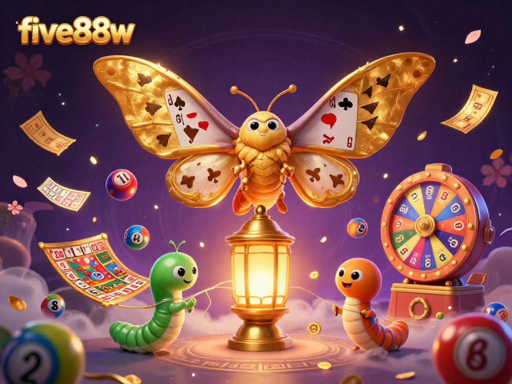 Join the adventure with five88w featuring colorful lottery balls and a magical moth.