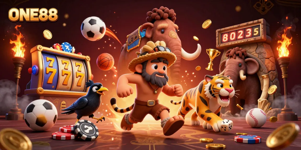 Engage with ONE88's exhilarating casino scene featuring cavemen, slots, and sports betting action.