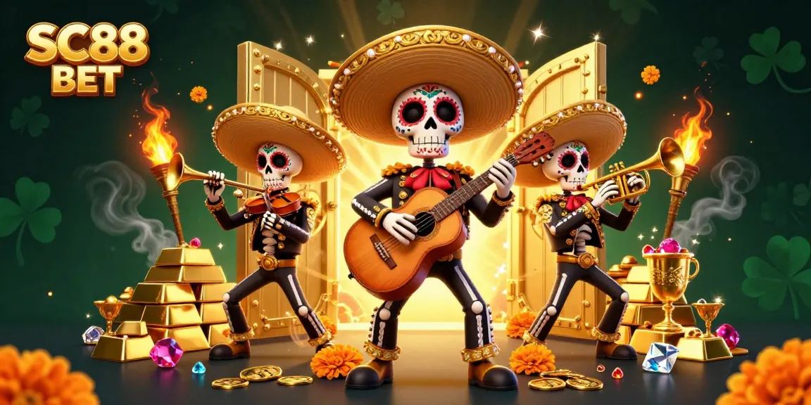 Win big at SC88 BET with a vibrant Day of the Dead-themed online casino scene filled with treasure.