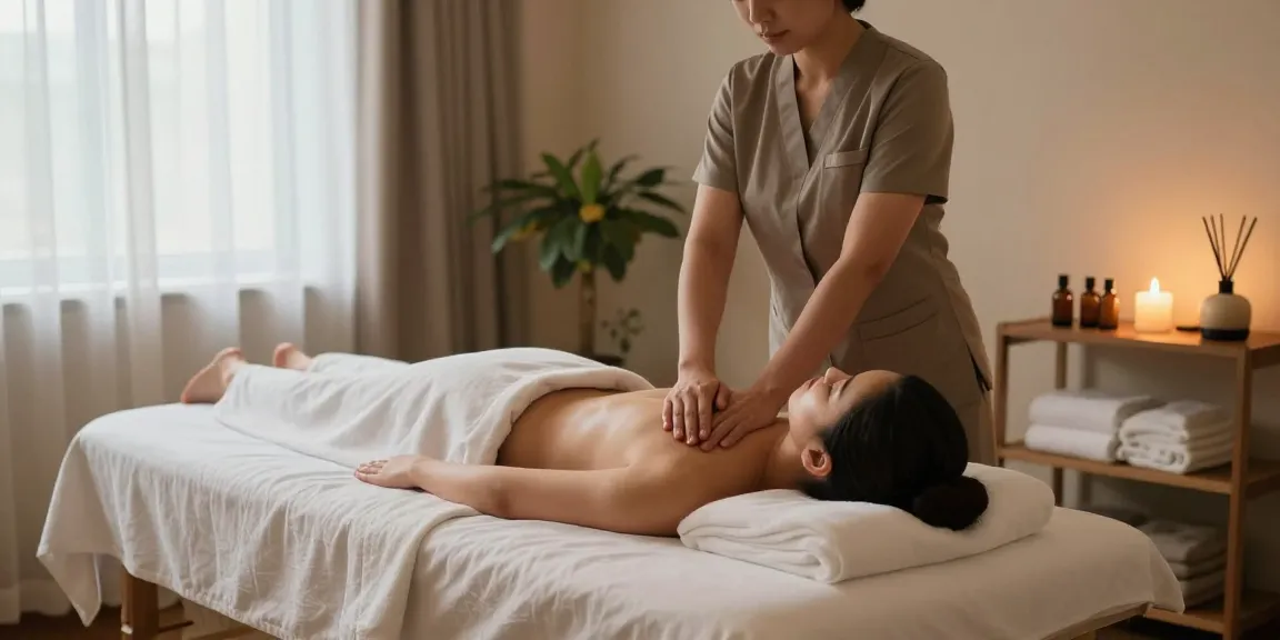 마사지 테라피를 받는 고객과 편안한 마사지 스튜디오의 분위기