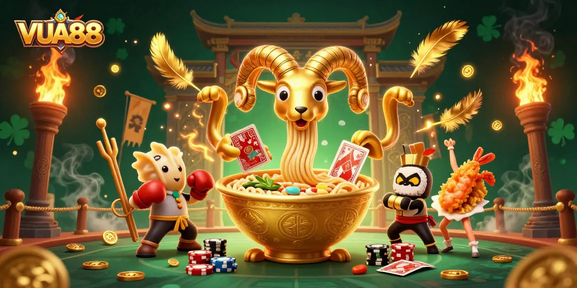 VUA88 gamifies online fun with vibrant ramen bowl characters dealing cards in a dynamic casino scene.